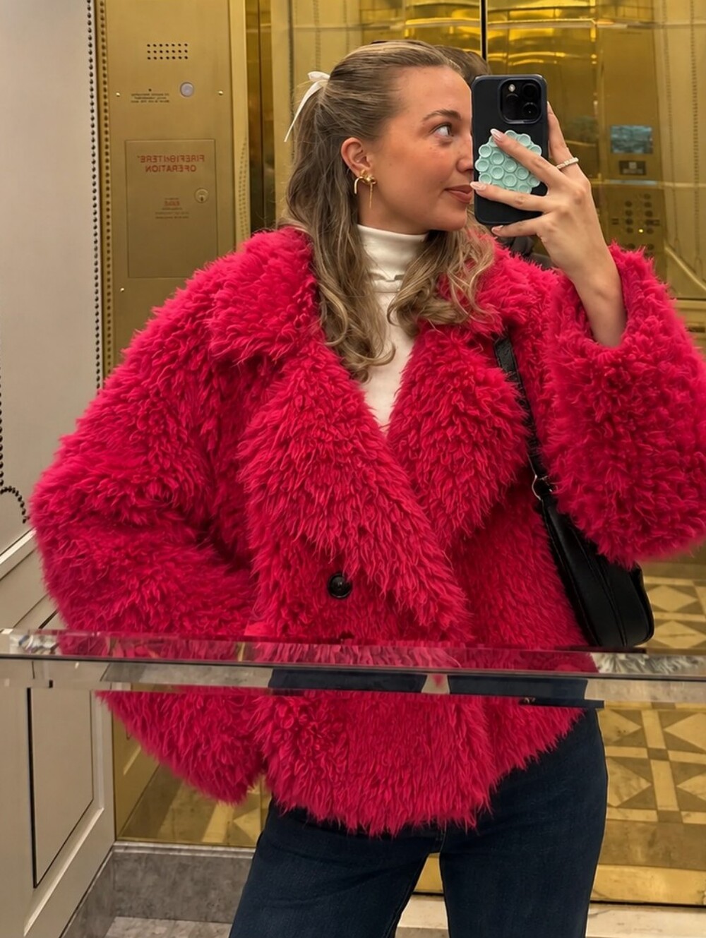 By Anthropologie Shag Faux Fur Doubke Breasted Jacket in Hot Pink